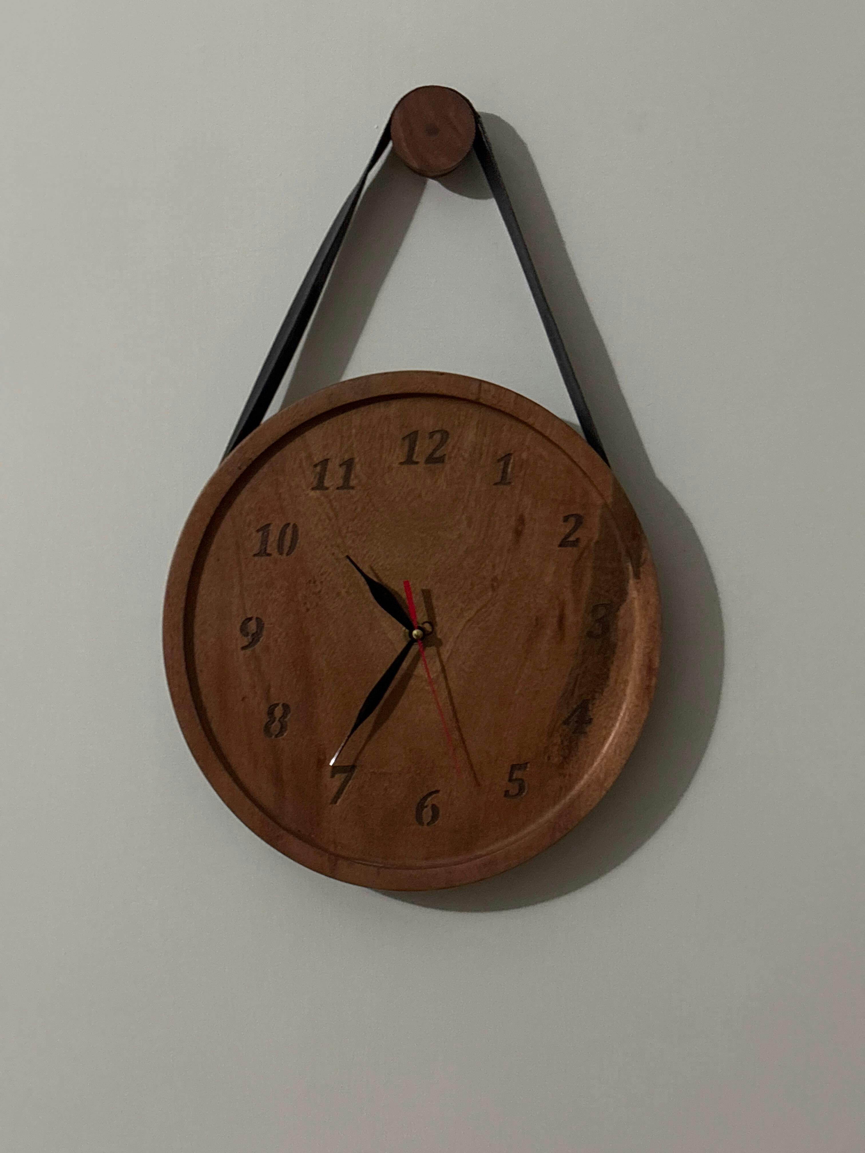 Wooden Clock with Hanging Leather String